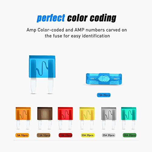 Nilight 120Pcs Blade Fuses Assortment 5, 7.5, 10, 15, 20, 25, 30 AMP Regular Mini ATM/APM Blade Fuses for Cars Trucks Boats Automotives, 2 Years Warranty, Multicolor