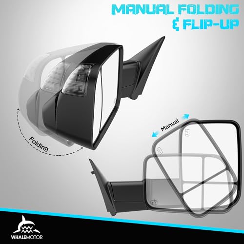 Smoked Power Heated Tow Mirrors Compatible with 2009-2018 Dodge Ram 1500, 2010-2018 2500 3500, 2019-2024 Ram 1500 Classic Flip Up Extended Trailer Towing Side Mirrors with Puddle Light, Black Housing