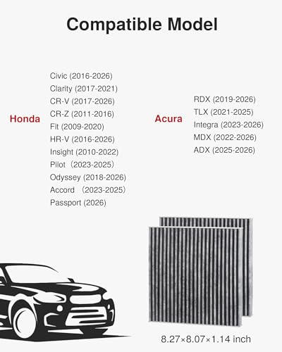 Puroma 2 Pack Cabin Air Filter with Activated Charcoal Layer Replacement for CP182, CF11182, Honda Civic, Clarity, CR-V, CR-Z, HR-V, Fit, Insight, Odyssey, Acura MDX, RDX, TLX, INTEGRA