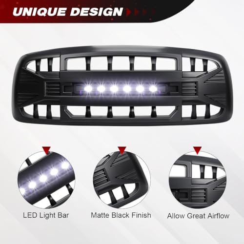 Allinoneparts Front Grille Compatible with 2002-2005 Dodge Ram 1500, 2003-2005 Ram 2500/3500, w/Off-Road Lights, Matte Black
