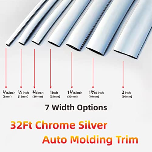 32Ft Automotive Car Exterior and Interior Molding Trim Universal Bumper Window Door Body Side and Household Furniture Surfaces Decorative Strip Scratch-Proof (1-3/16 inch (30mm), Chrome Silver)
