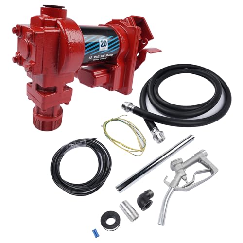 Weonefit 20GPM 12V High-Flow Red Fuel Transfer Pump with Discharge Hose & Manual Nozzle for Transfer of Gasoline Diesel Kerosene Ethanol & Methanol Blends & Biodiesel - Cast Iron Heavy Duty Pump