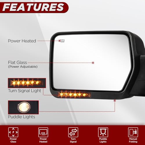 PZ Towing Mirrors Compatible with Ford F150 2007-2014, Power Heated Mirrors With Amber Signal and Puddle Light, Power Adjustable Driver and Passenger Side Tow Mirrors Replacement Pair Set Black