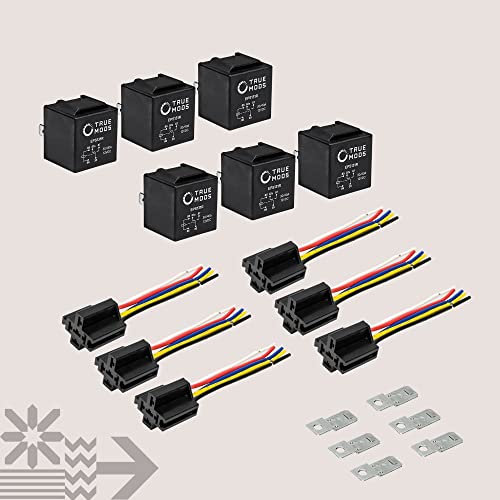 True MODS 6 Pack Bosch Style 5-Pin 12V Relay Kit [Interlocking Harness Socket Holder] [14 AWG Hot Wires] [SPDT] [30/40 Amp] 12 Volt Automotive Relays for Auto Fan Cars
