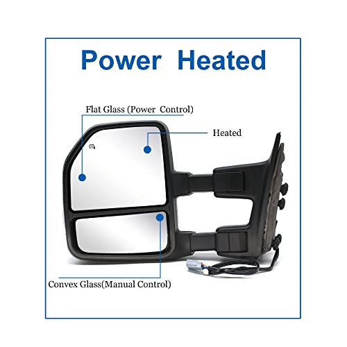 JZSUPER Towing Mirrors fit for 1999 2000 2001 2002 2003 2004 2005 2006 2007 Ford F250 F350 F450 F-550 Super Duty Power Heated Turn Signal Auxiliary Light Black Cap