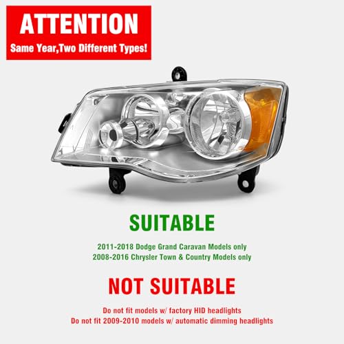 ADCARLIGHTS Compatible with 2011 2012 2013 2014 2015 2016 2018 2019 2020 Dodge Grand Caravan 08-16 Chrysler Town & Country Headlights Chrome Housing Amber Reflector Driver and Passenger（W/O Bulbs）
