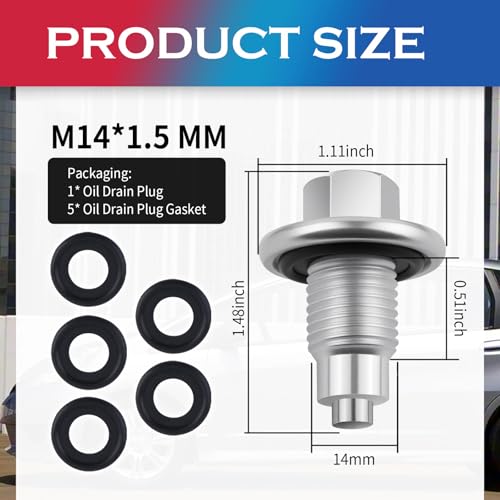 M14×1.5 Magnetic Oil Drain Plug,Replacement OEM#90009-PY3-000/6506214AA Oil Pan Drain Plug with 5PCS Oils Drains Plugs Gasket,Car Accessories Compatible with Honda/Yamaha/Audi (M14×1.5)