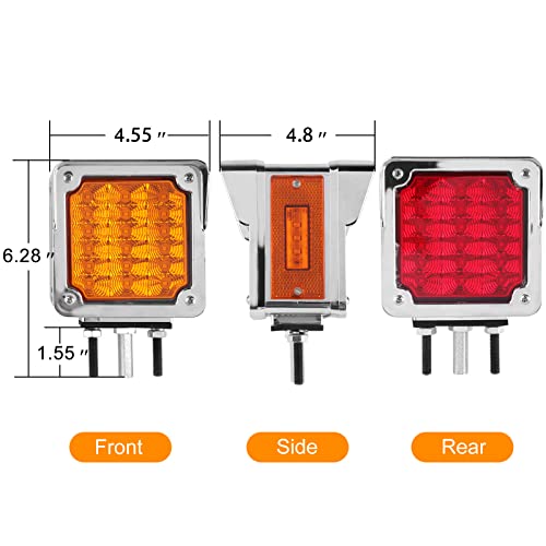 2Pcs Double Face Square LED Fender Pedestal Turn Signal Lights Amber/Red 39 LED w/Chrome Visor Square Truck Trailer Fender Stop Tail Turn Signal Lights w/Side Reflex Marker Driver and Passenger Side