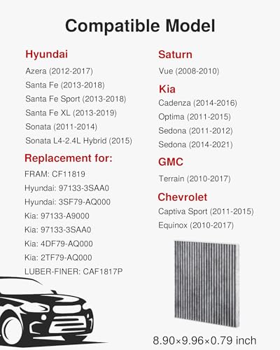 Puroma Cabin Air Filter with Activated Carbon, Replacement for CF11819, Hyundai Azera, Santa Fe, Sonata, Chevrolet Captiva Sport, Equinox, GMC Terrain, Kia Cadenza, Optima, Sedona, Saturn Vue