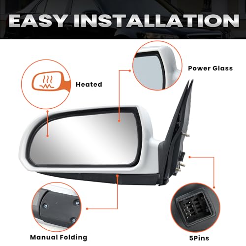 Left Driver Side Mirror Compatible with Hyundai Sonata 2006 2007 2008 2009 2010 Power Glass Manual Folding Heated White (5 Pin) Replace HY1320149 | 87610-0A000