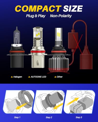 AUTOONE 9007/HB5 LED Light Bulbs 900% Brightness, 6000K Pure White Fog Light, 1:1 Halogen Size Wireless, Easy Installation, IP68, Pack of 2