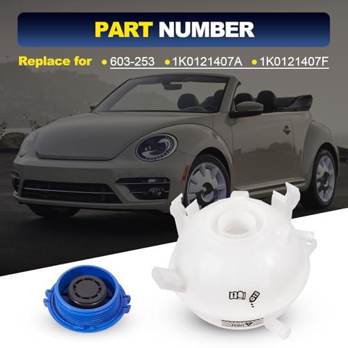 603-253 Front Engine Coolant Radiator Reservoir Recovery Expansion Tank with Cap Compatible with 2006-2019 Audi A3 Q3 TT, 1993-2019 Volkswagen Beetle Eos Golf Passat Jetta Replace# 1K0121407A