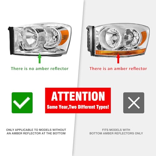 ADCARLIGHTS Headlight Assembly Pair for 2006-2008 Dodge Ram 1500 2006-2009 Dodge Ram 2500 3500 Clear Lens Chrome Housing Amber Reflector Left Right W/O Bulbs