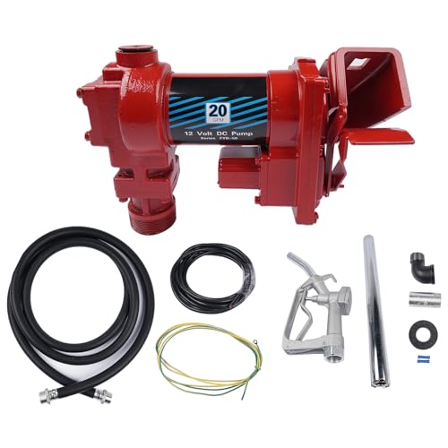 Weonefit 20GPM 12V High-Flow Red Fuel Transfer Pump with Discharge Hose & Manual Nozzle for Transfer of Gasoline Diesel Kerosene Ethanol & Methanol Blends & Biodiesel - Cast Iron Heavy Duty Pump