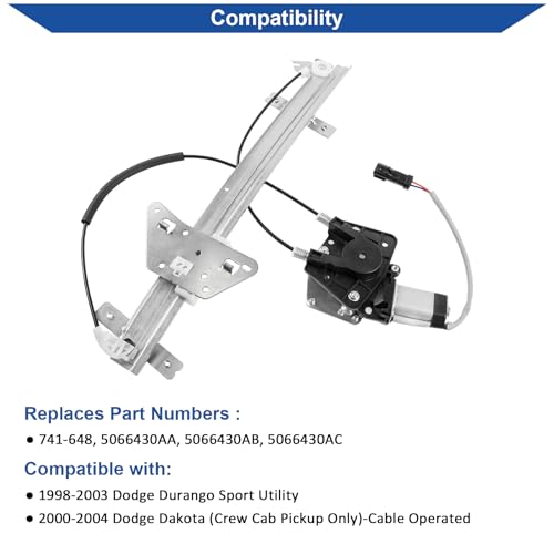 Obaee 741-648 Front Right Passenger Side Power Window Regulator and Motor Assembly Compatible with Dodge Dakota 2000-2004/ Dodge Durango 1998-2003 (Crew Cap Only, Cable Operated), Replace OE 5066430AC