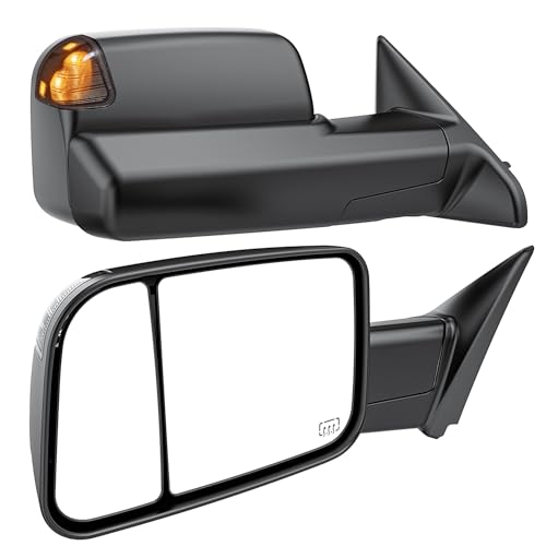 Smoked Power Heated Tow Mirrors Compatible with 2009-2018 Dodge Ram 1500, 2010-2018 2500 3500, 2019-2024 Ram 1500 Classic Flip Up Extended Trailer Towing Side Mirrors with Puddle Light, Black Housing