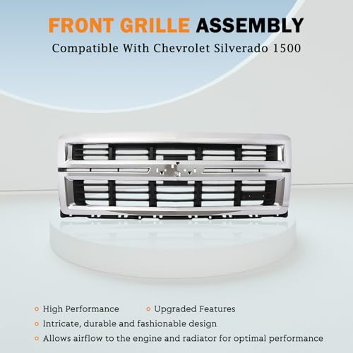 KARPAL Front Upper Grille Assembly W/Chrome Surround Frame Compatible with 2014 2015 Chevrolet Silverado 1500, Replacement 23259621 GM1200714