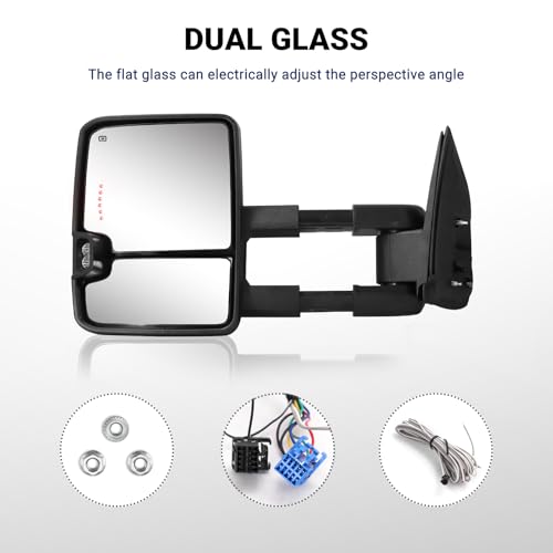 HF autoparts Towing Mirrors Compatible with 2003-2007 Chevy Silverado, GMC Sierra Tow Mirrors, Pair Power Heated with Turn Signal Light Backup Lamp Extendable Pair Set