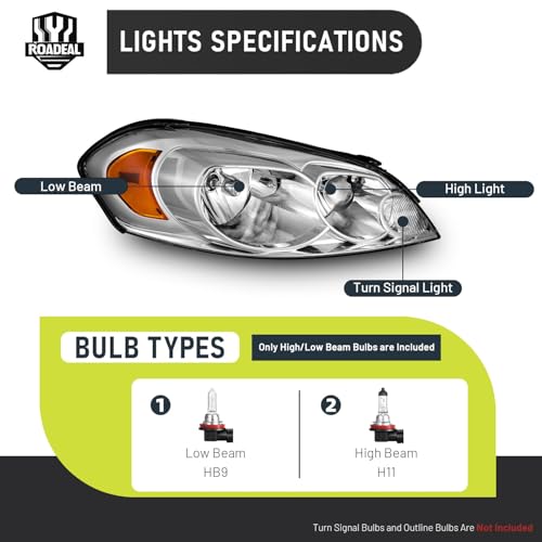 ROADEAL Headlights W/Bulbs for 2006-2013 Chevy Impala, 2006-2007 Chevy Monte Carlo, 2014-2016 Impala Limited Halogen Headlamp Replacement Driver & Passenger Side
