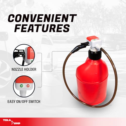 TERA PUMP TRFA01-XL 2nd Gen. Battery Powered Overfill Protection Fuel Transfer Pump w/Universal Gas Can & Utility Jug Adapter, 4.27ft Vinyl Hose, 2.5 GPM for Gas Diesel E15 E85 Fuels