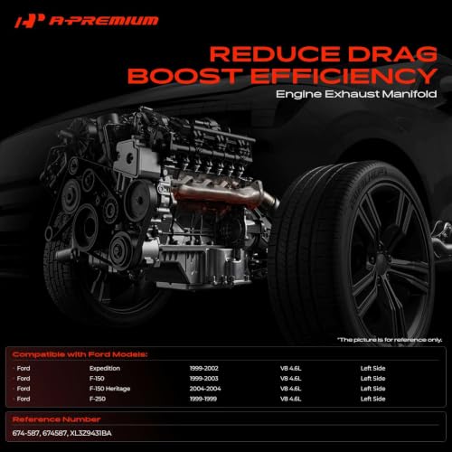 A-Premium Left Side [8Cyl 4.6L] Engine Exhaust Manifold Kit W/Gasket & Studs & Nuts & Bolt Compatible with Ford F-150 1999-2003, F-250 1999, F-150 Heritage 2004, Expedition 1999-2002