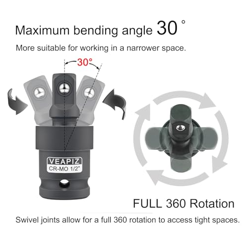 VEAPIZ 3Pcs Impact Universal Joint Socket Swivel Set， 1/4", 3/8", 1/2" Drive Socket Extension Set， Cr-Mo Steel Universal Joint Adapter