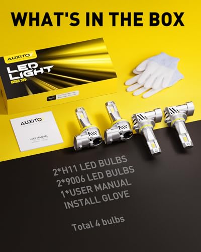 AUXITO Upgraded 9005/HB3 H11/H8/H9 Bulbs Combo, 900% Highly Bright 6500K Cool White, Real 1:1 Mini Size, Canbus Direct Install Plug and Play, Pack of 4