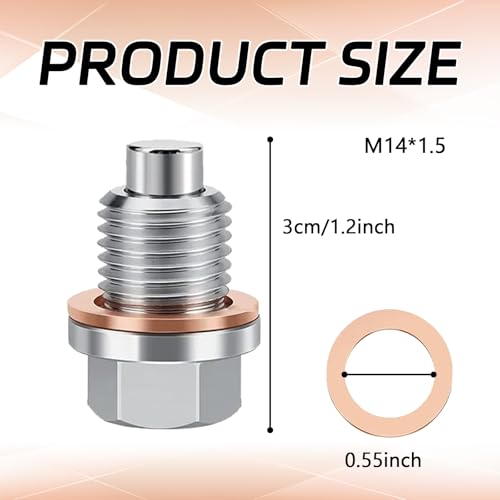 HHZL M14 x 1.5 Magnetic Oil Drain Pan Plug, Oil Pan Drain Plug Nut Bolt with 5 PCS Copper Crush Washer Gasket, Universal Engine Stainless Steel Oils Change Kit Leak-Proof Replacement for Most Vehicle