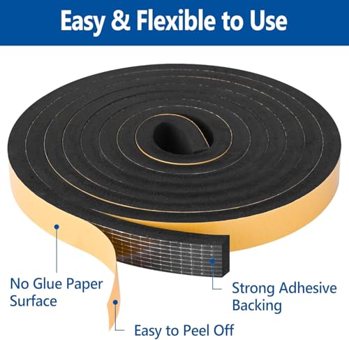 Kikerike Self Adhesive Foam Tape Weatherstrip 1/2In x 1/4In x 42Ft High Density Foam Insulation Strips Seal Weather Stripping with Strong Adhesive for Door and Window Sound Isolation Soundproofing