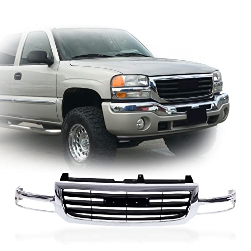 JustDrivably Front Grille Chrome Shell Grill Black Insert Compatible With 2003-2007 GMC SIERRA 1500 2500 19130791 GM1200475