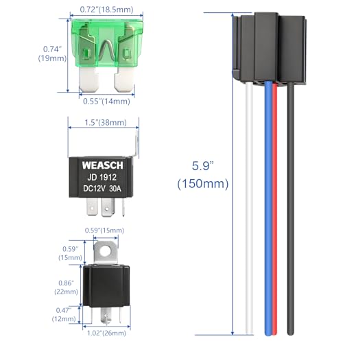 Weasch Fuse Relay Switch Kit, 12V 30A, 4 Pin SPST, 30A Switch Harness Set, Automotive Electrical Relays with 14 AWG Hot Wires (1)