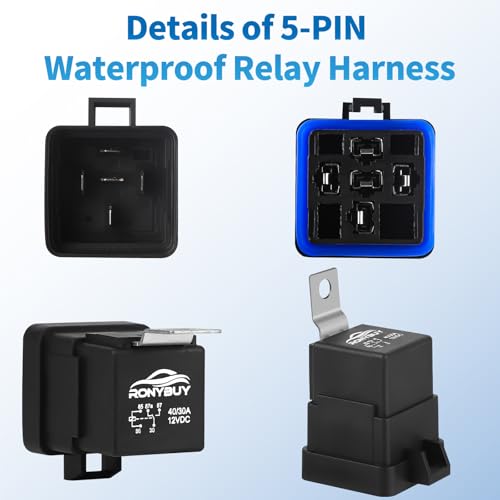 Ronybuy 5-Pin Waterproof Relay Kit 40/30 AMP 12V Relay Switch with Harness 12&16 AWG Tinned Copper Wires, SPDT Automotive Relay Kit for Horns Starters Radiator Motor Fans Boats, Pack of 2