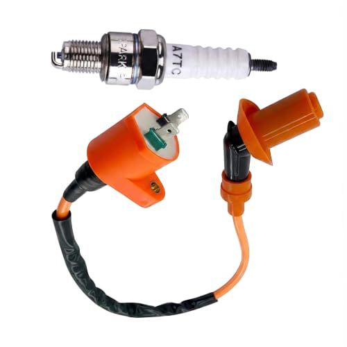 ekurfos 2 PCS High Performance Racing Coil and Spark Plug, GY6 50cc 150cc 125cc 4-stroke Engine Ignition Coil, Moped Parts Fits for ATVs Scooters Karts Scooters (Orange)