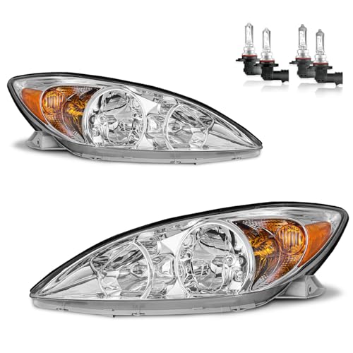 KarSpareHub Headlights Assembly for 2002-2004 Toyota Camry LE XLE Headlamp Replacement Chrome Housing Amber Reflector Driver & Passenger Side