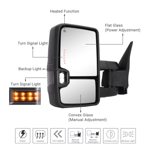 HF autoparts Towing Mirrors Compatible with 2003-2007 Chevy Silverado, GMC Sierra Tow Mirrors, Pair Power Heated with Turn Signal Light Backup Lamp Extendable Pair Set