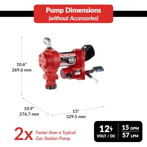 Fill-Rite FR1210H 12V 15 GPM Fuel Transfer Pump with Discharge Hose & Manual Nozzle | Gasoline, Diesel, Kerosene, Ethanol & Methanol Blends & Biodiesel
