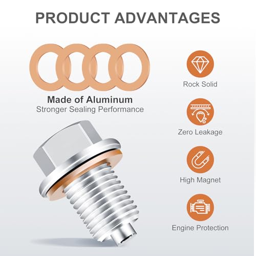 LBOKLING M14x1.5 Oil Drain Plug, Magnetic Stainless Steel Oil Pan Drain Nut Bolt with 5PCS Copper Crush Washer, Universal Leak-Proof Replacement,Fits Most Cars,Motorcycles,Boats