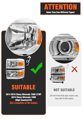 AXLAHA for 2014-2015 Chevy Silverado 1500 Pickup Headlights Assembly Halogen Factory OE Style Chrome Housing Replacement Driver and Passenger Side Pair