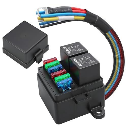 Weasch 12V 6 Way Pre-Wired Fuse Relay Box Kit with 2 x 80A 4-Pin Relays
