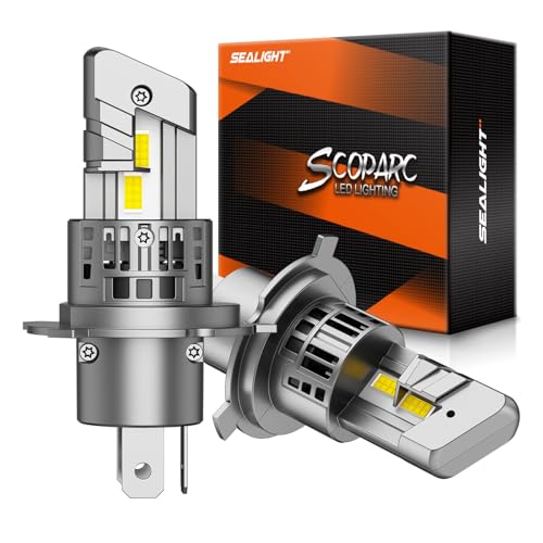 SEALIGHT H4/9003/HB2 LED Bulbs, 50000LM 900% Super Brighter, 1:1 Size, 6500K Cool White, 60000Hrs Long Service Life with Cooling Fan, Plug and Play, Pack of 2