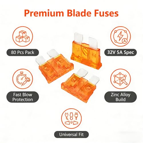 (80Pcs) 5 Amp Standard Fuse, 5A Car Blade Fuses for Car/RV/Truck/SUV/Motorcycle/Boat