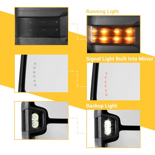 Towing Mirrors Compatible with 2014 2015 2016 2017 2018 Chevy Silverado GMC Sierra 1500 2500 HD 3500 HD with Power Glass LED Arrow Turn Signal Backup Lamp Running Light Heated Extendable Pair Set