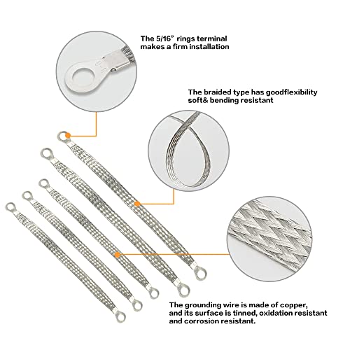 Universal Flat Braided Copper Ground Strap,Professional Vehicle Grounding Cable Straps with Terminals Plugs,Tinplate Silver Color Automotive Engine Copper Ground Strap for Most Cars