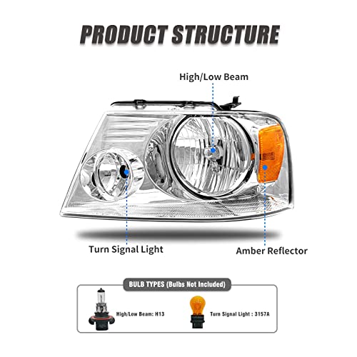 ADCARLIGHTS Headlight Assembly for 2004-2008 Ford F150 Pickup 2006-2008 Lincoln Mark LT Clear Lens Chrome Housing Amber Reflector Replacement W/O Bulbs