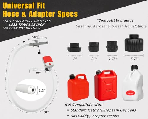 Fuel Transfer Pump with Auto-Stop, 3.8 GPM Battery or USB Powered Cordless Gas Pump, Portable Electric Pump for Gas Can with 51" Hose & 4 Adapters for Gasoline, Diesel, Oil–Spill-Free Refueling