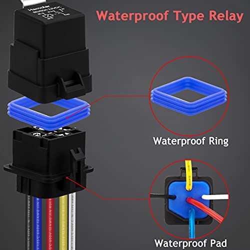 Hamolar 3 Pack 80/60 AMP 12V DC Waterproof Car Relay and Harness - Heavy Duty 12 AWG Copper Wires, 5-PIN SPDT Automotive Relays Kit