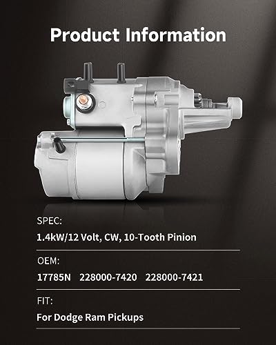 OCPTY Starter for 56027702AB fit for 1999 2000 2001 2002 2003 for Ram 1500 2500 3500 Van for Mitsubishi Raider 2006 2007 2008 2009 Pickup 2006 2007 2008 2009 for Mitsubishi Raider
