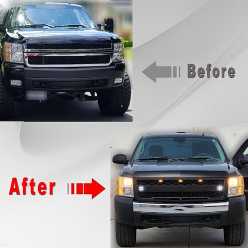 BNYIUEQR Front Grille Compatible with 2007 2008 2009 2010 2011 2012 2013 Chevy Silverado 1500, Replacement Grill Mesh Style with 3 LED Lights and 2 Side Lights (Matte Black with Letters)
