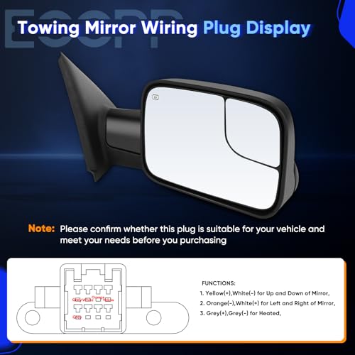 ECCPP Towing Mirrors Fit 02-08 For Dodge For Ram 1500 03-09 For Dodge For Ram 2500 3500 Pickup Truck Power Heated Tow Folding Side View Black Mirror Pair Set Right Passenger And Left Driver Side