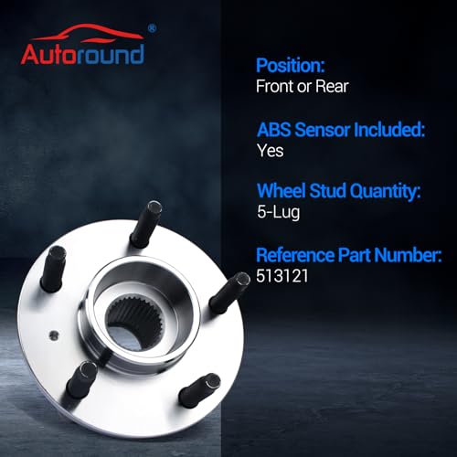 Autoround 513121 Front Wheel Hub Bearing Assembly Fit for Chevy, Buick, Cadillac, Pontiac, Oldsmobile- Lesabre, Lacrosse, Century, Regal, Lucerne, DeVille, Eldorado, Grand Prix 5 Lug w/ABS